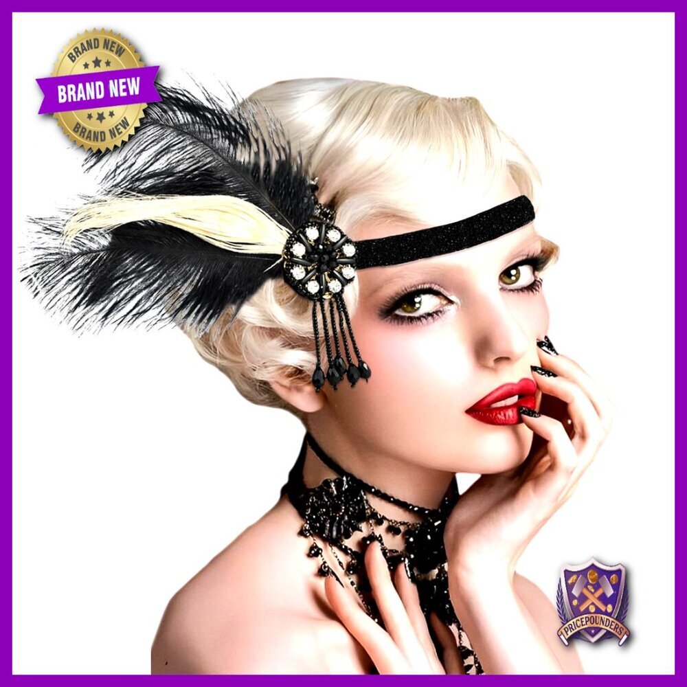 Vintage Flapper Headband with Feathers and Rhinestones Gatsby Party Headpiece